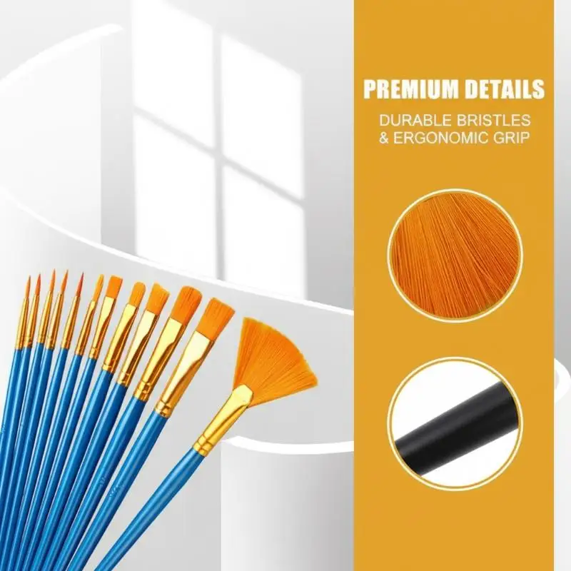 12Pcs Flat Nylon Bristle Brush Set Watercolor Oil Paint Fabric Painting Ideal For Art Students Hobbyists_voghion.com
