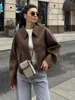 Fashion Brown Zipper Woolen Jacket For Women Elegant Lapel Long Sleeve Short Coats Female Vintage Autumn Lady Street Outerwear 5