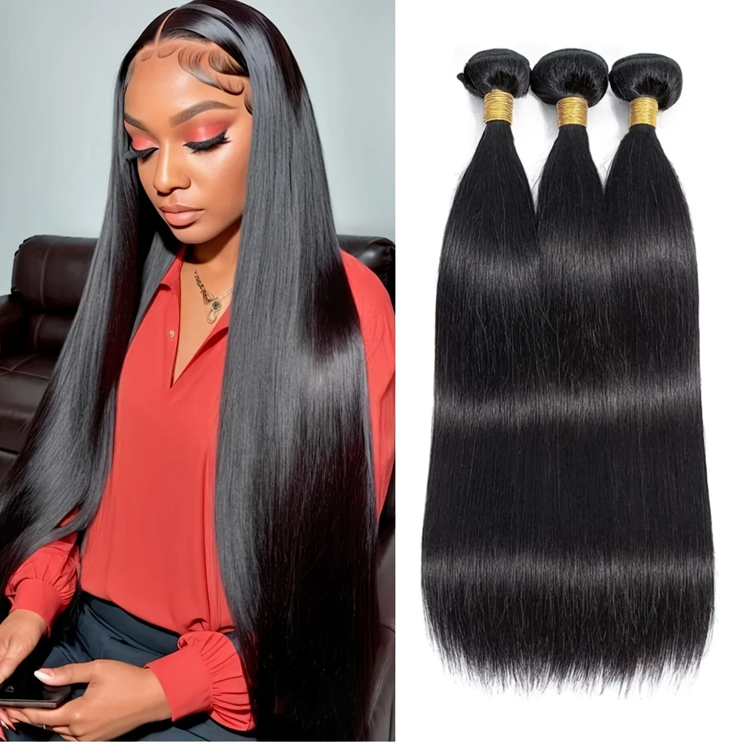 30 32 Inch Straight Human Hair 3 Bundles Remy Human Hair Weave Bundles Extensions Double Weft Women