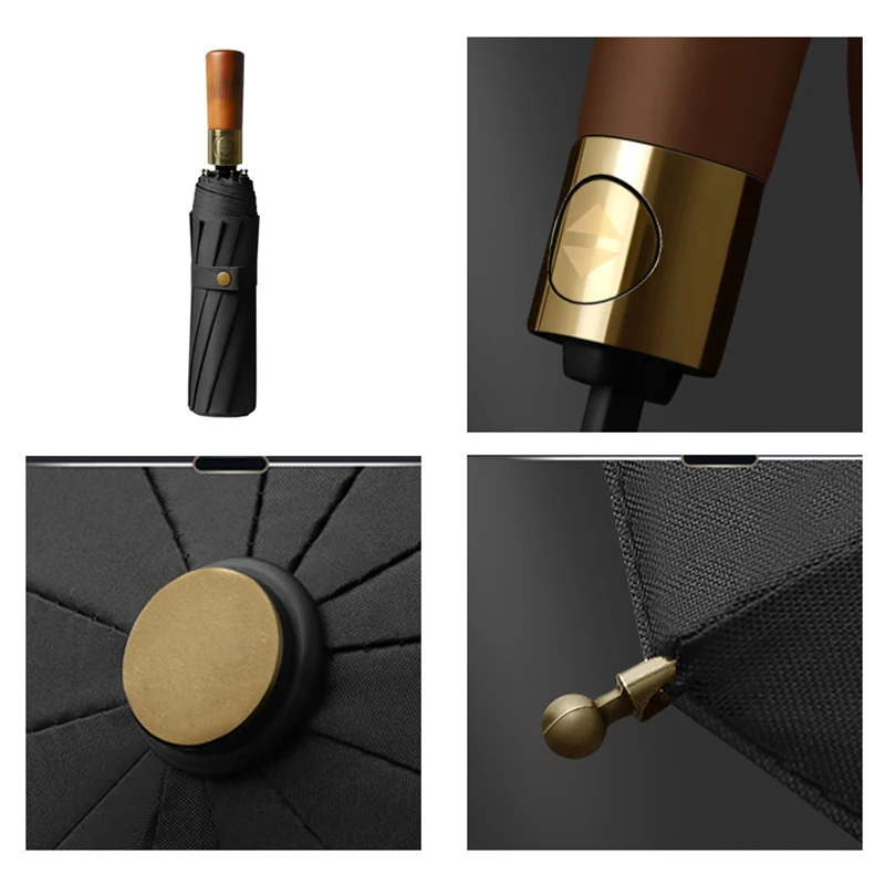 UV umbrella for men women 12 ribs wooden handle automatic windproof fold strong vinyle business luxury travel accessories