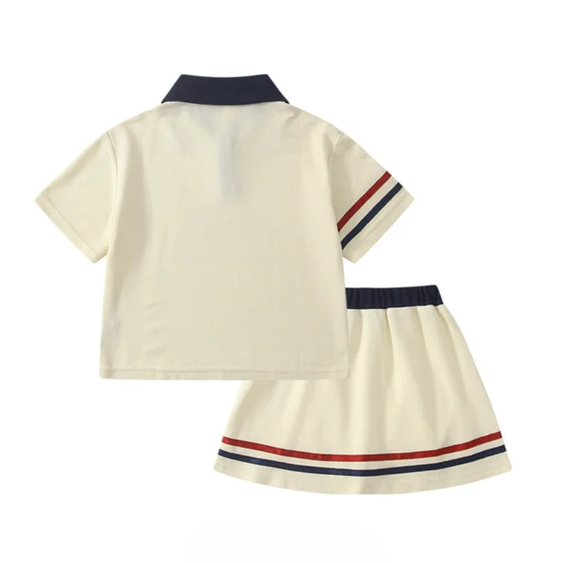 여아용 레터 프린트 라펠 티셔츠 및 짧은 스커트 세트, 10 대 아동복, 테니스 상의, 하의 유니폼, 2 개 세트, 여름