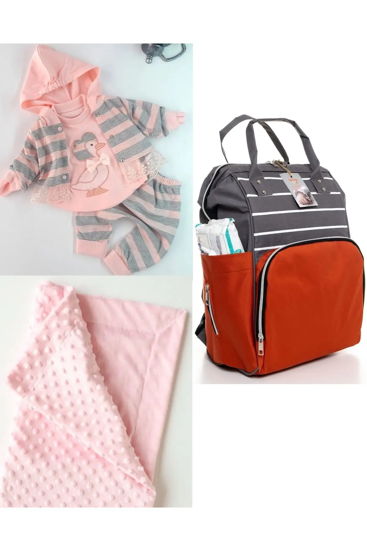 

Functional Mother Baby Care Backpack, 100% Cotton Hospital Exit And Chickpea Blanket Set Cotton Pink