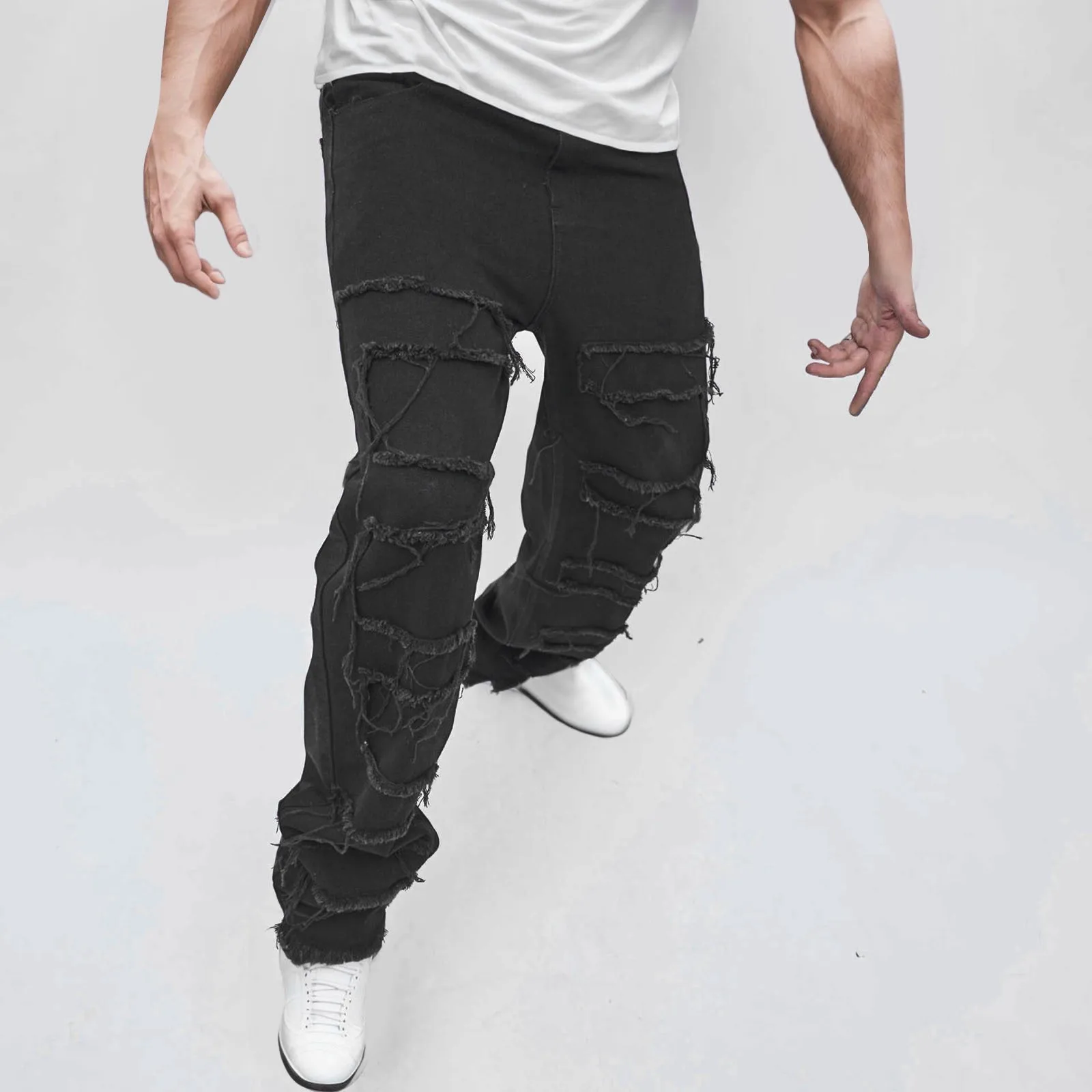 

2023 Dark Black Streetwear Baggy Ripped Stacked Jeans Y2K Pants Men Patchwork Hip Hop Straight Denim Trousers Pantalones Hombre
