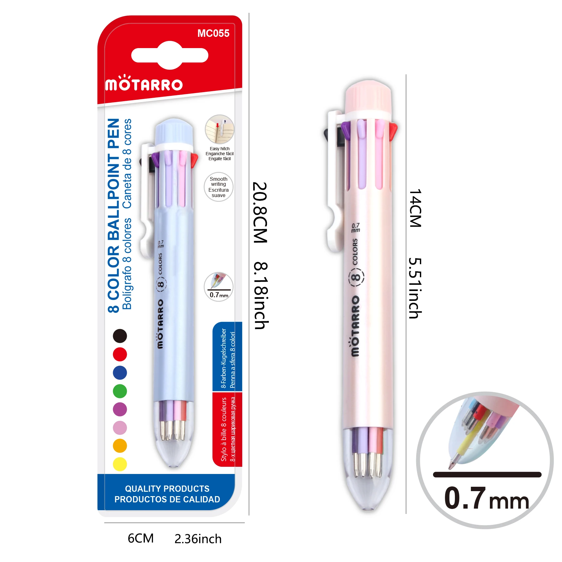 Ballpoint Pen MOTARRO Set 8 Colors 0.7mm Multicolor Quick Drying Water for Kids School