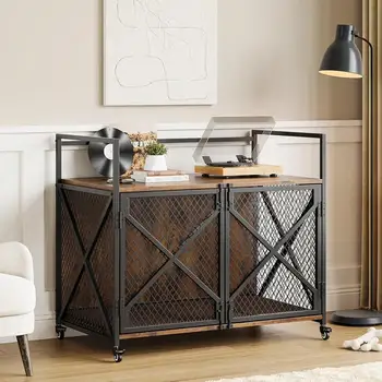 Large Wooden Dog Crate Indoor Furniture Style Elevated Pet Dog Cage Kennel End Table Lattice Playpen with Lockable Wheels