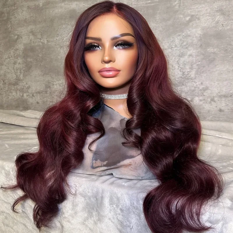 

Soft 28'' Wine Body Wave 5x5 Silk Base Jewish Human Hair Wig With Baby Hair HD Lace European Hair Preplucked Daily Glueless Wig