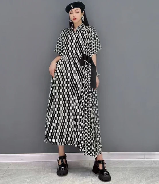 New Summer Woman Casual Short-Sleeve Black Plaid Long Shirt Dress