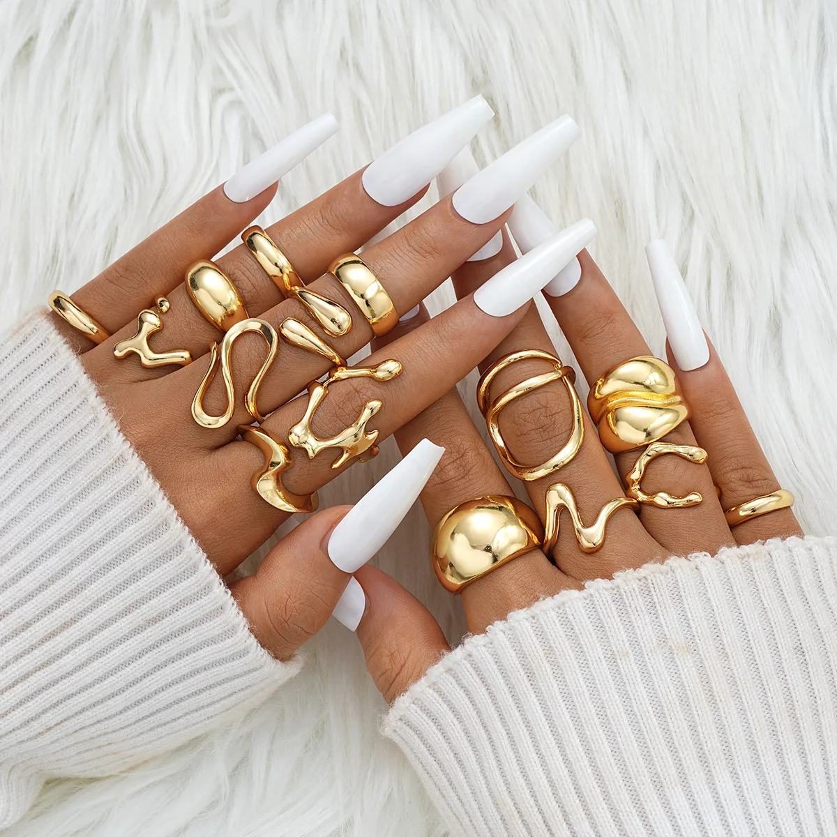 15Pcs/Set Stainless Steel Irregular Lines Water Drop Rings for Women Men Exaggerated Punk Retro Boho Fashion Jewelry Gifts 2
