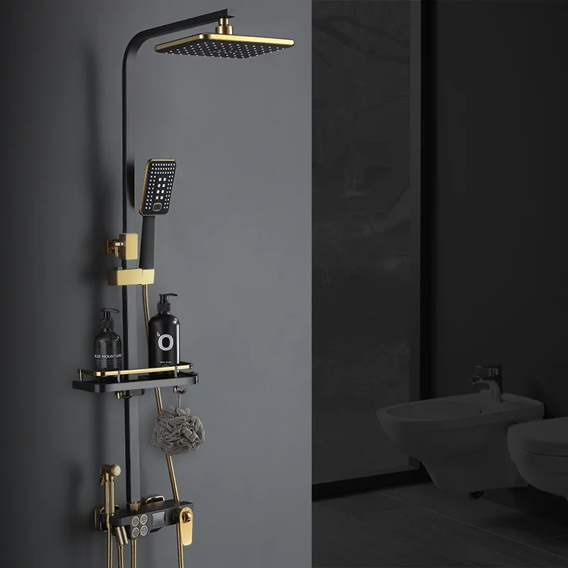 Smart Black Gold Shower Set Thermostatic Full Copper Bathroom Button Pressurized Head