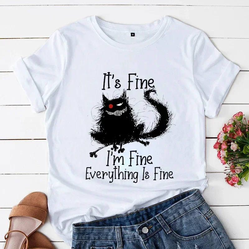 

2024 New Summer Tees Women Shirt It's Fine I'm Fine Everything Is Fine Funny Black Cat Anime Cartoon Clothes Hip Hop Streetwear