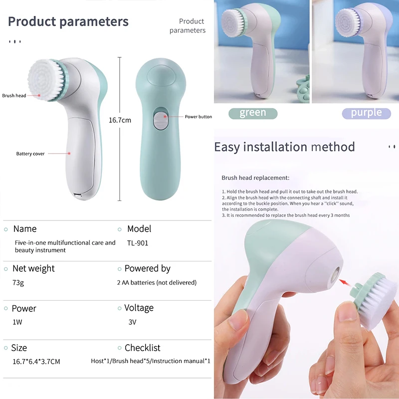 Facial Cleansing Brush Acne and Blackhead Removal Tools Facial Cleanser Massager 5 in 1 Facial Cleanser Pore Cleanser Face Massager Deep Electric Cleansing Brush Pore Cleaner Blackhead Remover Skin Beauty Care