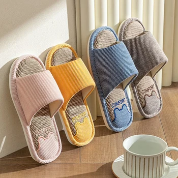 Women Linen Slippers Four Seasons Women Indoor Sandals Adults Cartoon Slides Couples Open toed Breathable Home Shoes 1