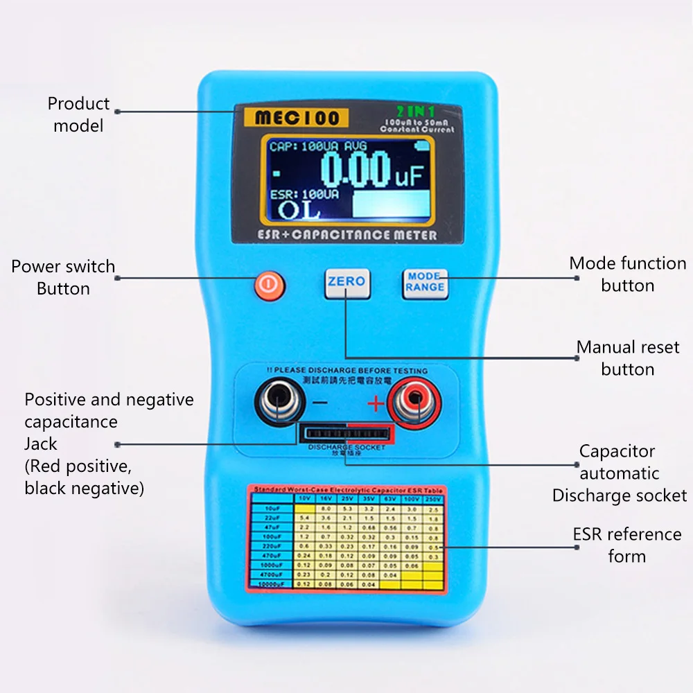 MEC-100 ESR Multi-Meter Capacitance Ohm Meter Professional Measuring Internal Resistance of Capacitor Capacitance Circuit Tester 5