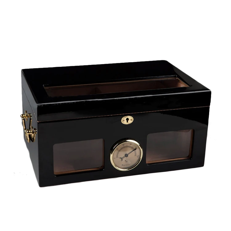 

High Quality Black Transparent Glass Top Glossy Cedar Wood Cuban Cigar Humidor Nice Storage Box with Lock Hygrometer