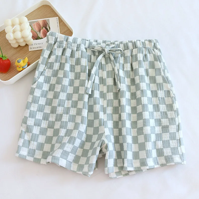 2023 Japanese Summer New Women's Pajama Pants 100% Cotton Crepe Simple Plaid Shorts Ladies Triple Pants Home Pants Cute bottoms