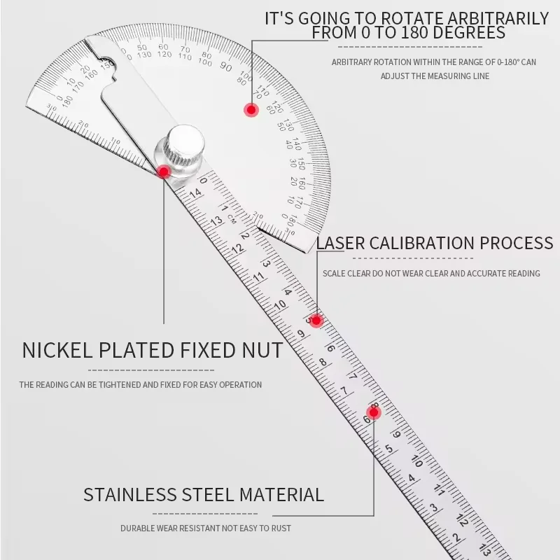 Stainless Steel Angle Ruler, Woodworking Manual Measuring Tool, 0-180 &deg; Metal Angle Measuring Instrument, Round Head Protractor