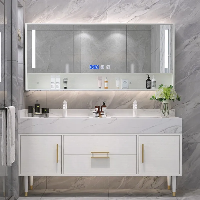 

Cream style intelligent rock panel dual basin bathroom cabinet combination