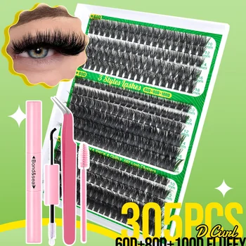 305 PCS DIY Lash Clusters Kit with Lash Bond and Seal, Wispy Individual Eyelash Extensions with Tweezers, Natural & Fluffy False 1