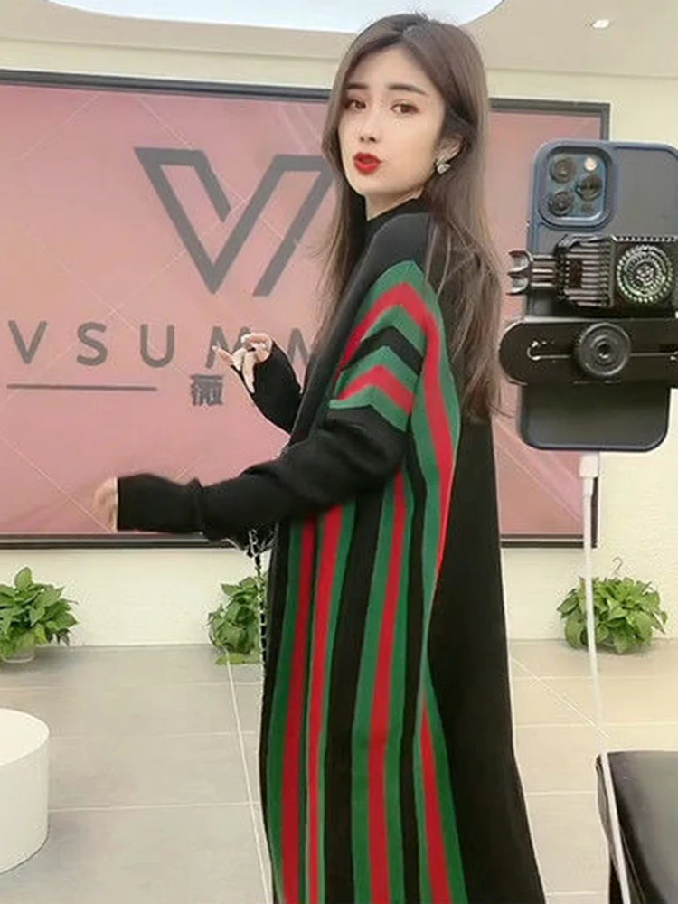 Casual Strip Knitwear Loose Midi Dresses Elegant Half Turtleneck Knitted Dress Sweater Fall Winter Korean Women Robe Vestidos 5