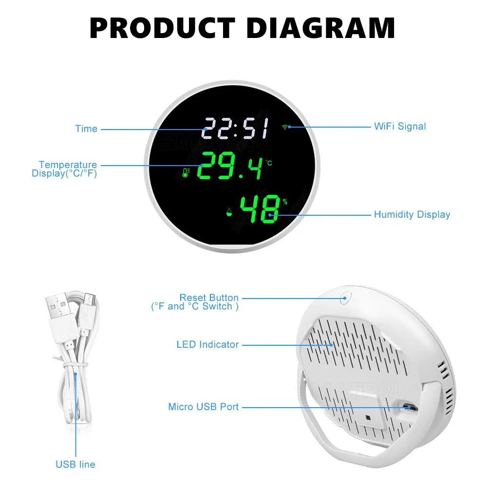 Tuya WiFi Temperature Humidity Sensor Temperature Humidity Meter Smart Indoor Hygrometer Thermometer With LED Display Backlight Support Google Home Alexa