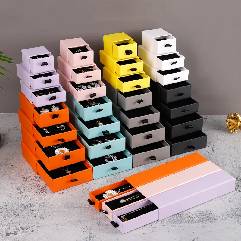 12pcs Solid Color Drawer Jewelry Paper Box Custom Logo Pendant Supplies Bracelet Storage Gift Case Packaging With Inside Sponge