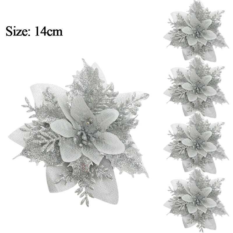 10/1 piezas de flores artificiales navideñas con purpurina y flores de Pascua con clips, adornos para árbol de Navidad, coronas de bricolaje, decoraciones para bodas y Año Nuevo