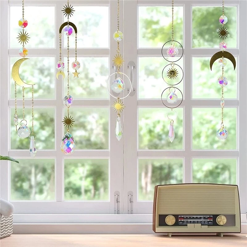 Crystal Wind Chime Moon Sun Catchers Hanging Prisms Pendant Rainbow Chaser Home Decor DIY Dream Catchers Hanging Drop