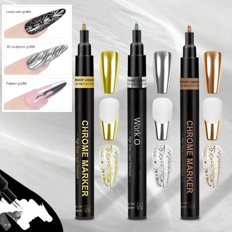 Metallic Silver Gold Nail Polish Waterproof Nail Marker Pen For Design Graffiti Drawing Pencil Lines Painting Gel Manicure Tools