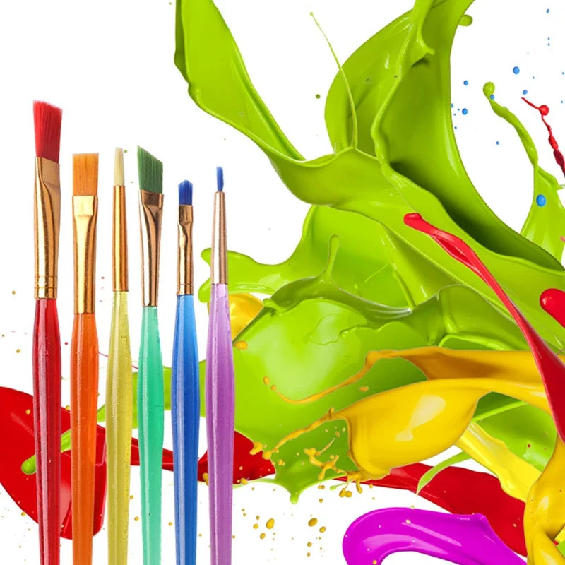 Paint Brushes Set 6 Pcs/Set Colorful Tip Flat Child Paint Brushe Plastic Handle Nylon Paint Brushes Set Drawing Art Supplies