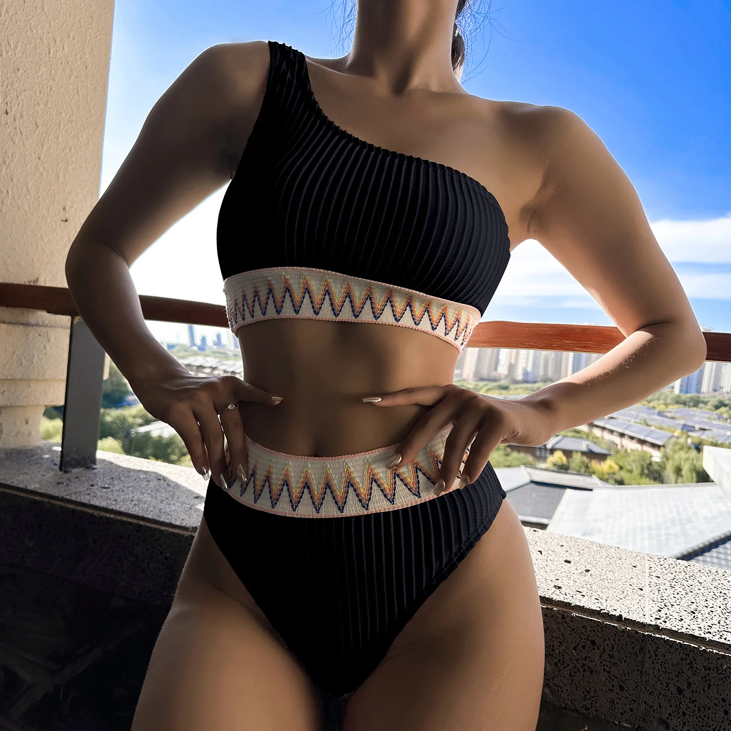 Sexy One Shoulder High Waist Bikinis 2024 Textured Swimwear Woman Bathing Suits Brazilian Bikini Two-piece Swimsuit Women Outfit