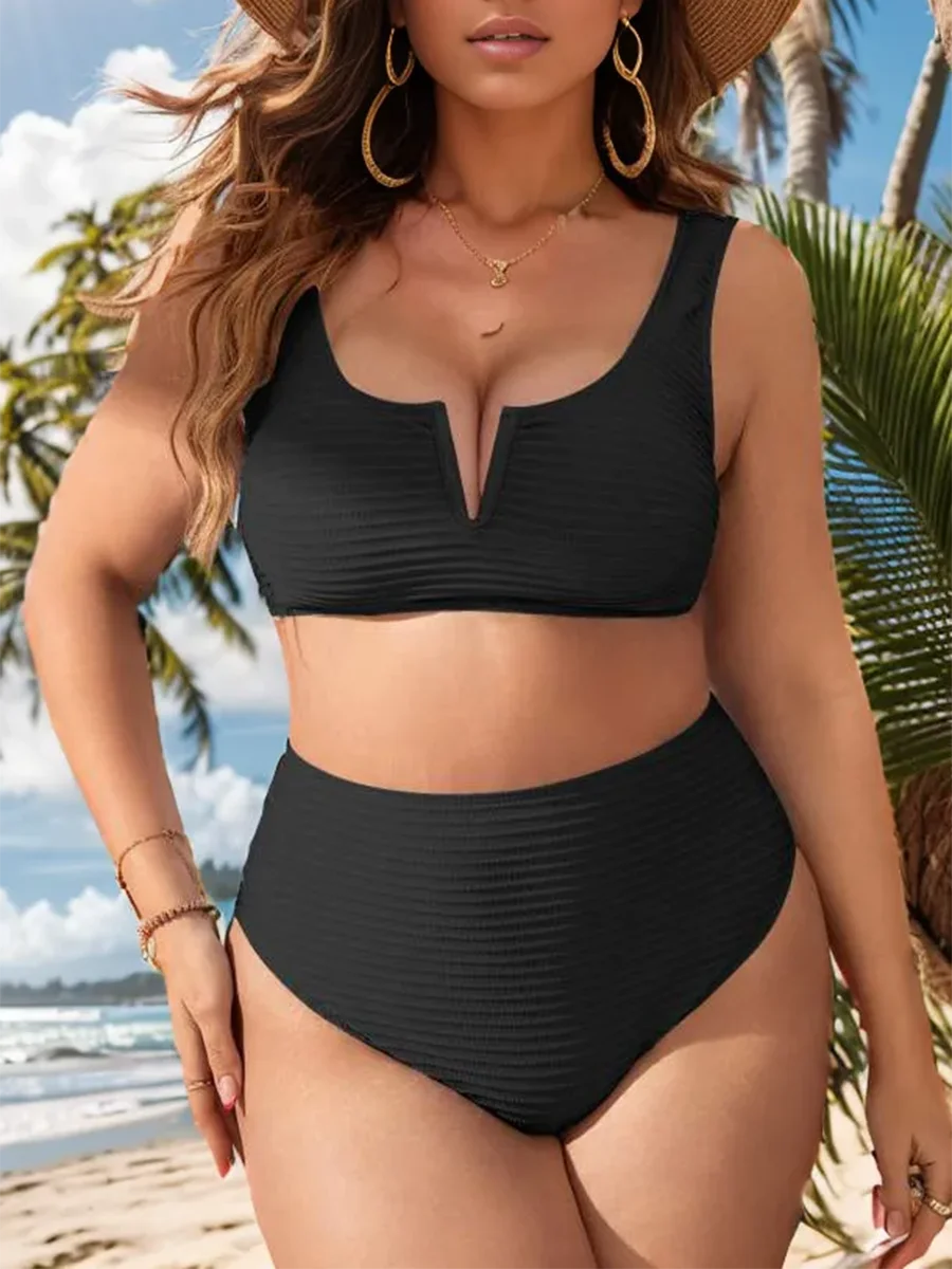 2025 Large Plus Size Solid V Neck Bikini Two Piece High Waist Swimsuit Women Swimwear Female Bathing Suit Beachwear Swimming