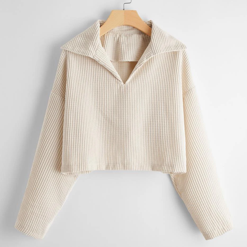 

Khaki Cropped Tops Women 2022 Fall Spring Long Sleeeve Turn-down Collar Pullovers Casual Knit POLO Short T-shirts Blusas Mujer