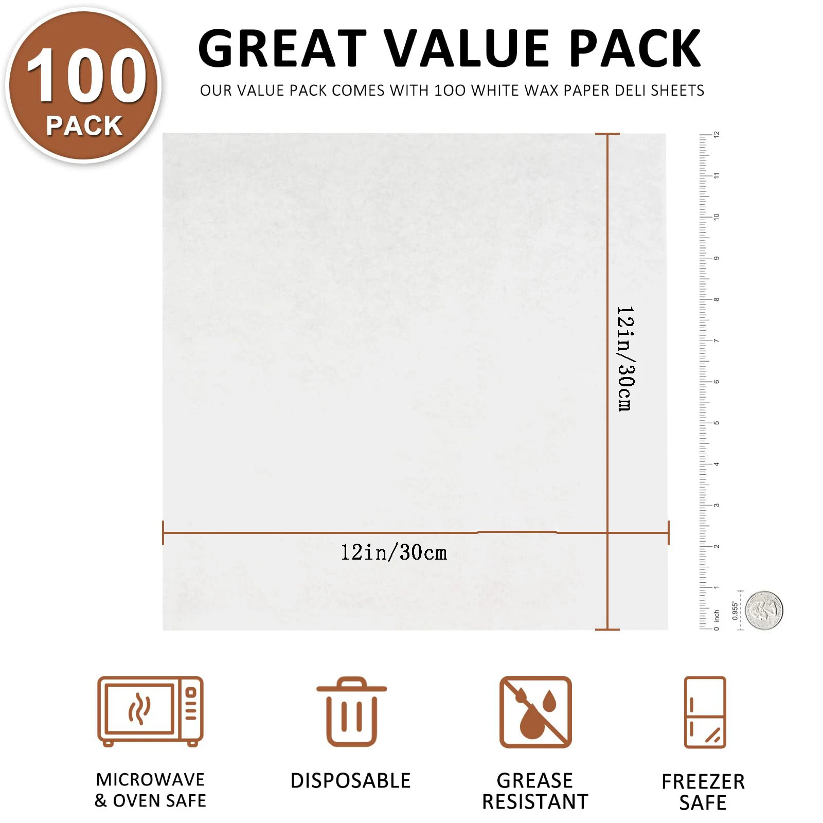 100PCS Deli Paper Sheets 12&times;12" Unbleached White Wax Paper Sheets for Food Basket Liners Precut Parchment Baking