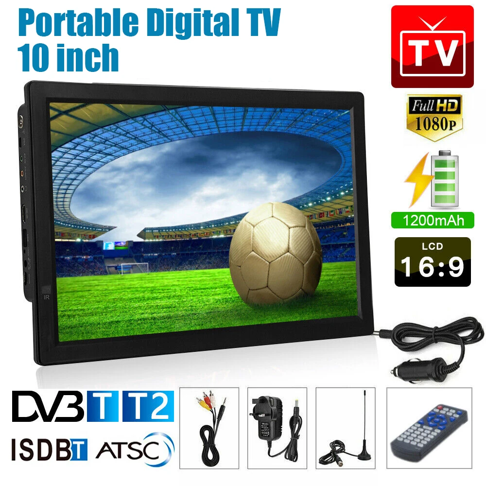 10inch Portable TV Digital Television Player 1080P HDMI Mini Car Television DVB-T/T2 ISDB-T Digital TV Support USB SD Card VGA