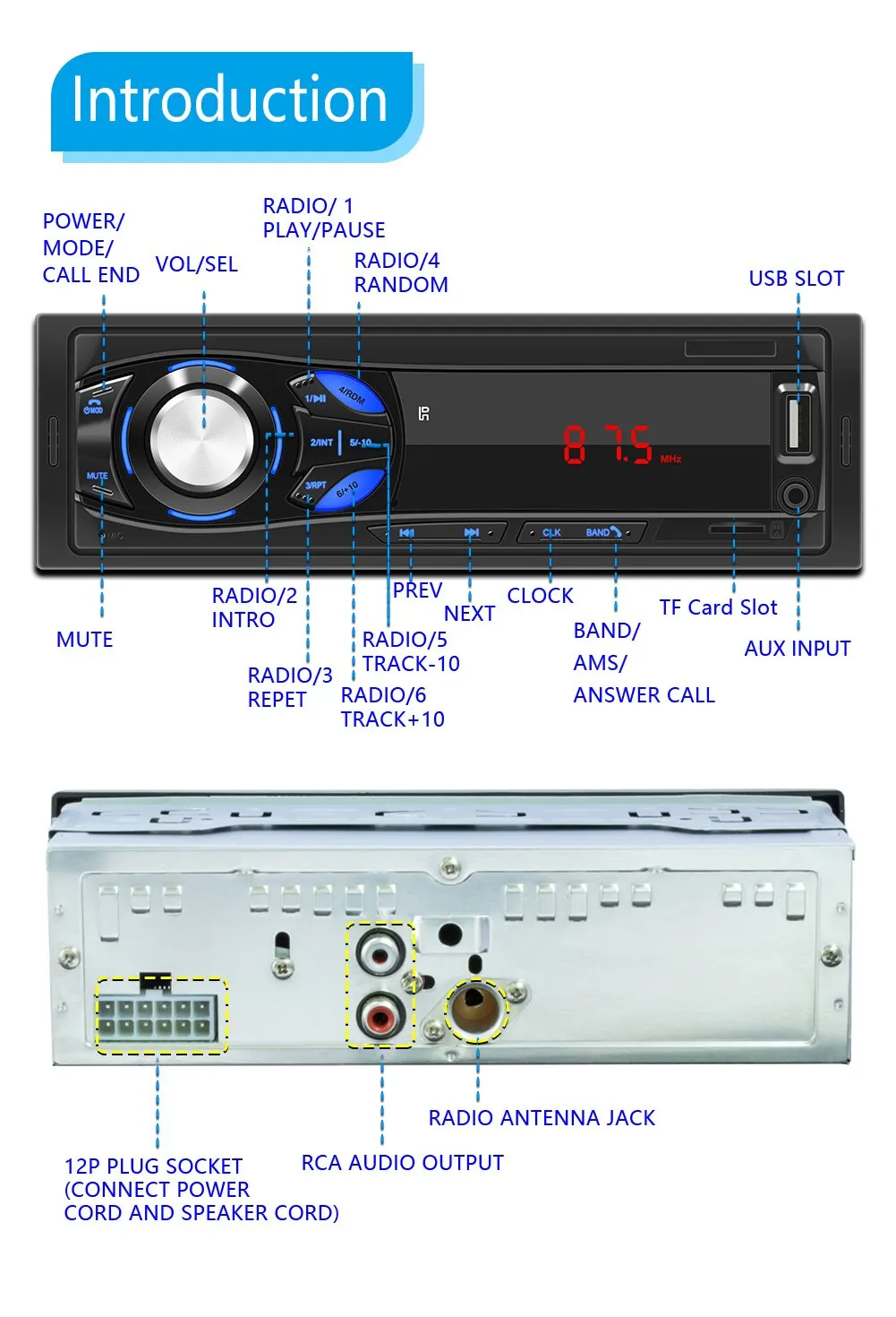 Radio auto în tabloul de bord 1 Din casetofon player MP3 player FM audio stereo USB SD intrare auxiliară port ISO autoradio Bluetooth