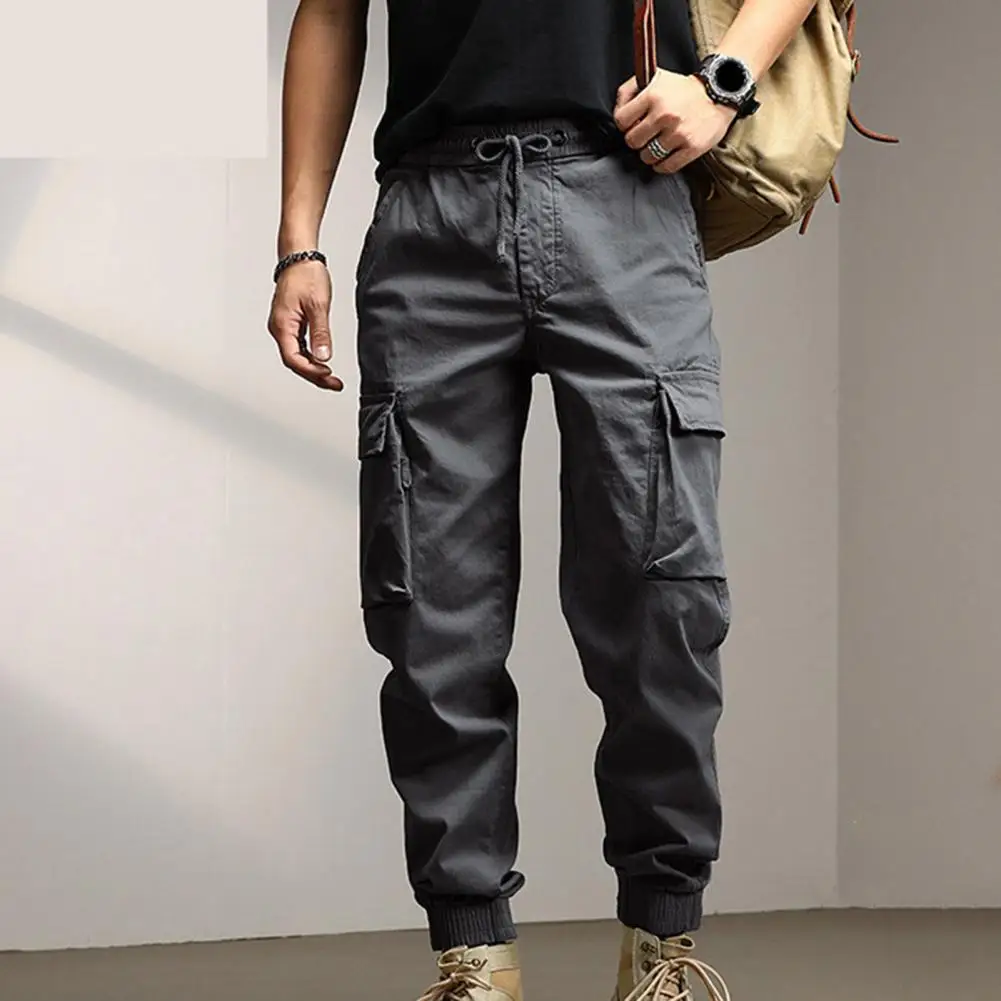 

Men Cargo Pants Solid Color Multi Pockets Ankle-banded Men Trousers Soft Breathable Drawstring Elastic Waist Casual Sweatpants