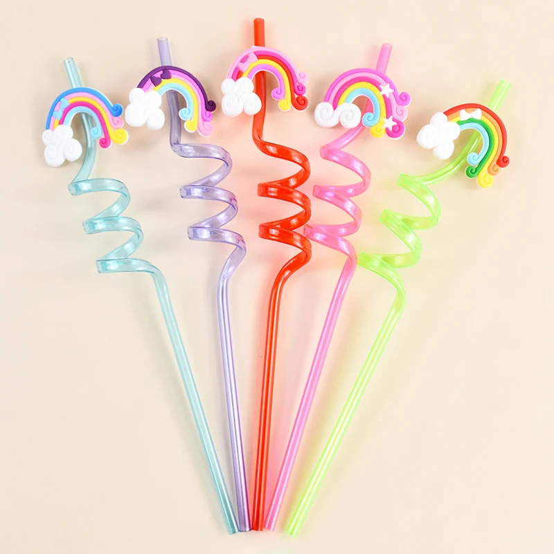 5/10 Stück wiederverwendbare gebogene Regenbogen-Spiral-Trinkhalme aus Kunststoff für Kindergeburtstage, Hochzeiten, Partys, Cocktail-Getränkezubehör – Detail 1