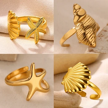Fashion Shell Starfish Rings for Women Stainless Steel Gold Color Open Adjustable Ring Aesthetic Wedding Waterproof Jewelry Gift