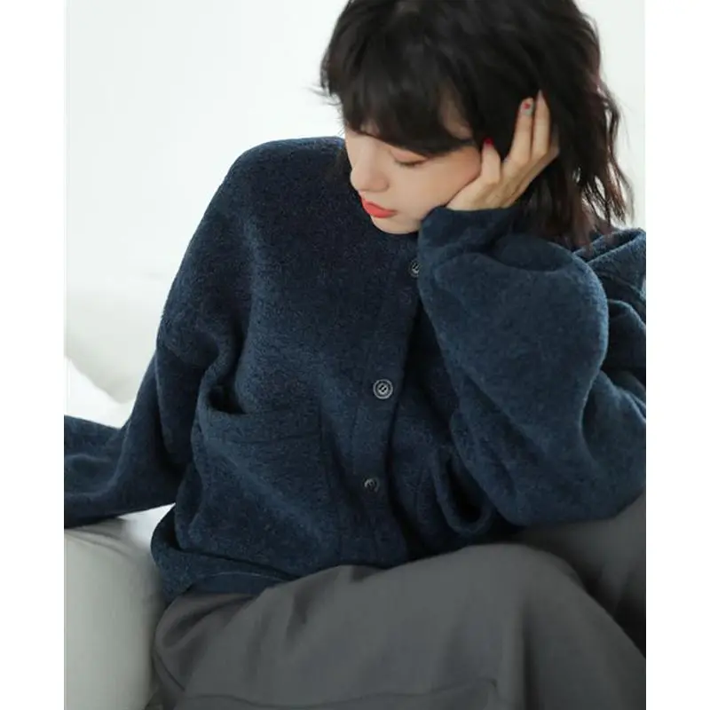 Autumn Winter New Loose Korean Short Coats Long Sleeve Button Solid All-match Pocket Cardigan Top Trend Casual Women Clothing
