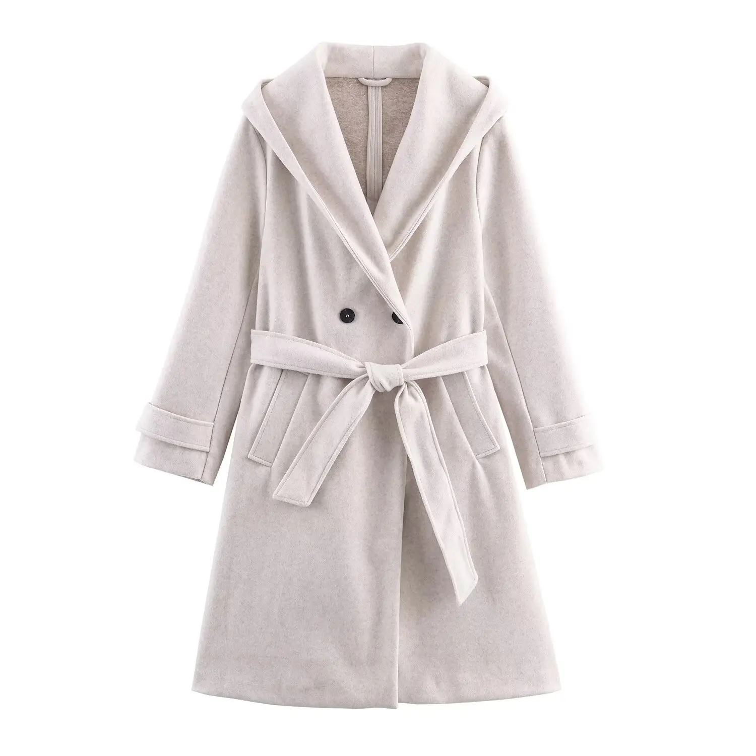 Women's Soft With Belt Woolen Overcoat Female Slim Fit With Hoodie Long Coat Elegant Commuting Bathrobe Style Coat Streetwear