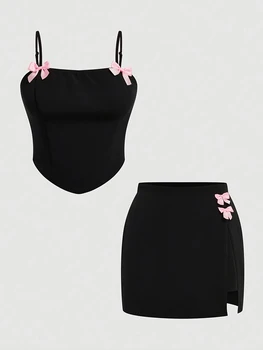 New Large Size Slim Bow Decoration Suspenders + Slit Skirt Suit Summer Elegant Sweet Party Black Set Mini Skirt Birthday Dress