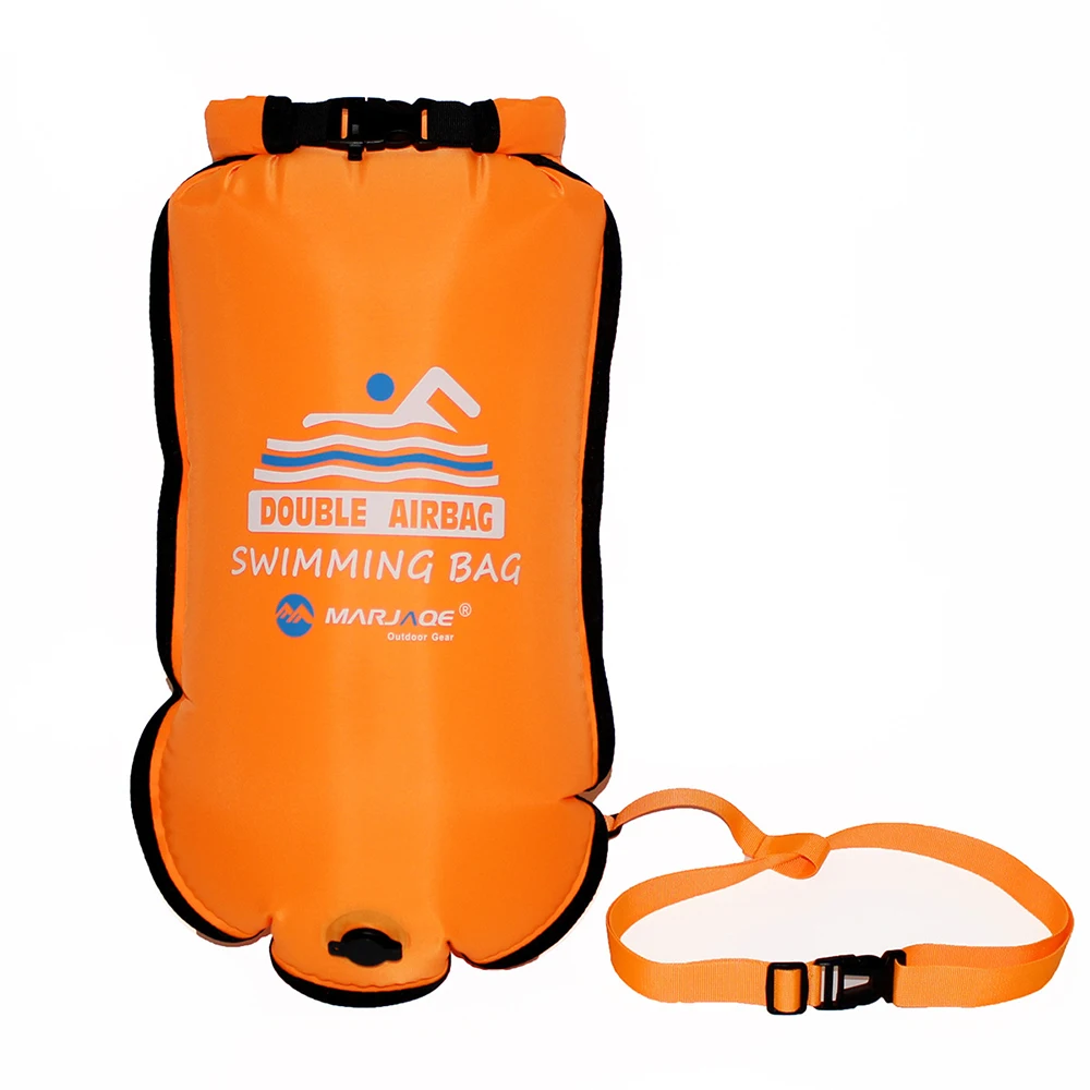 Inflatable Open PVC Swimming Buoy, Tow Float Dry Bag, Double AirBag with Belt, High Visibility, Water Sport Safety Bag, 20L