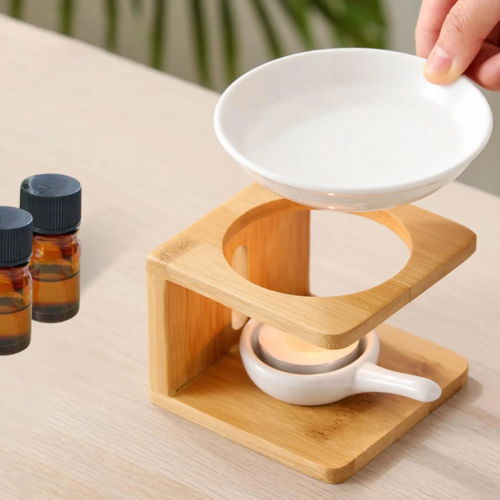 Quemador de aceite esencial para el hogar, difusor de Aroma, estufa de té de bambú, Base de madera, decoración