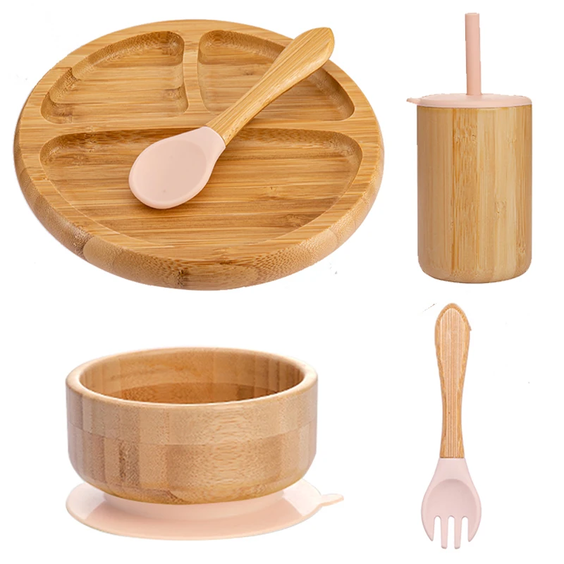 5Pcs/Set Children's Tableware Baby Bowl Plate Fork Spoon Cup Suction Feeding Food Bamboo Tableware BPA Free Non-Slip