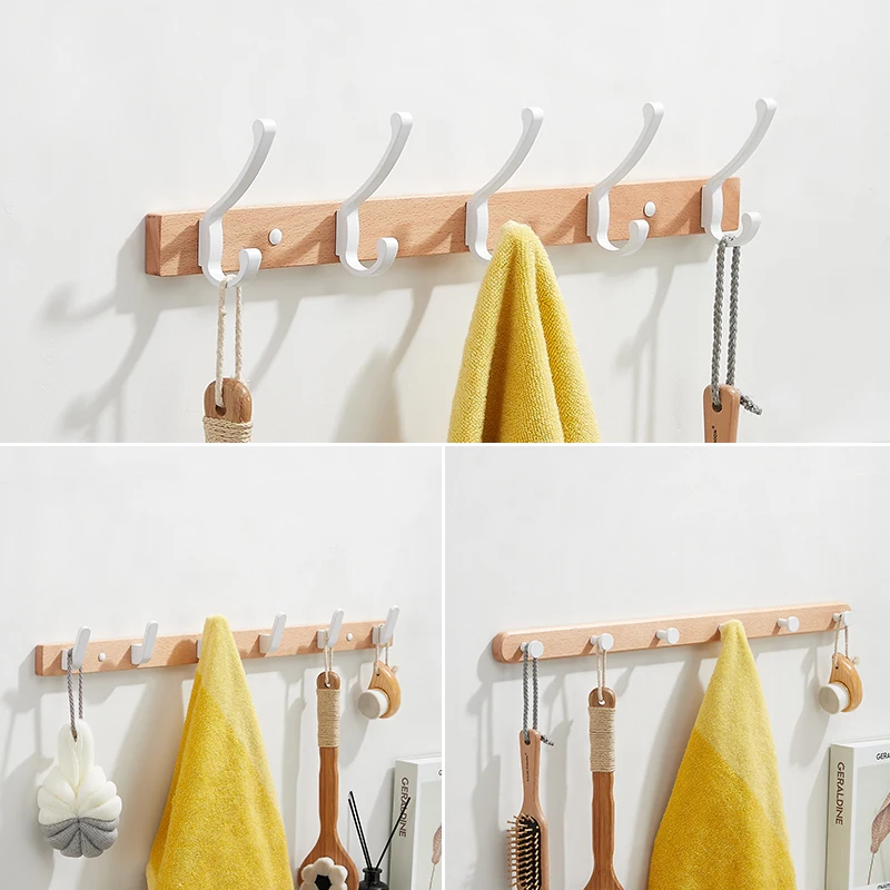 White Robe Hook Wooden Coat Rack Wall Hooks White Towels Bag Hat Hook