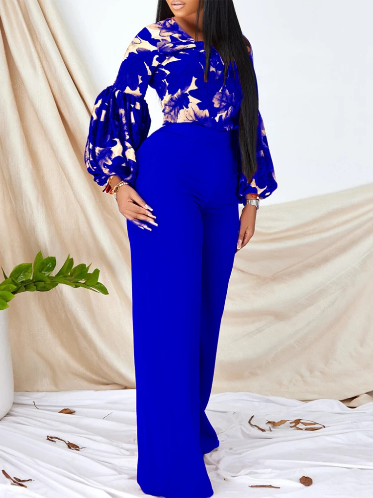 Women's Two Piece Pants 2 Sets Womens Outfits Classy Printed Tops Puff  Sleeve Wide Leg Office Lady Work Wear Pieces Set Suit