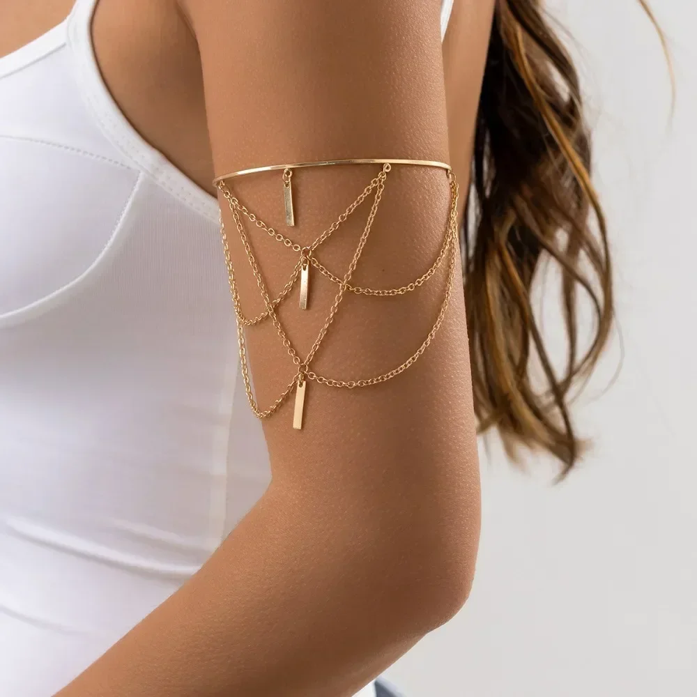 Bangle Bracelet Gold Open Upper Arm Women Jewelry Rectangle Charm Tassel Party Summer Accessories