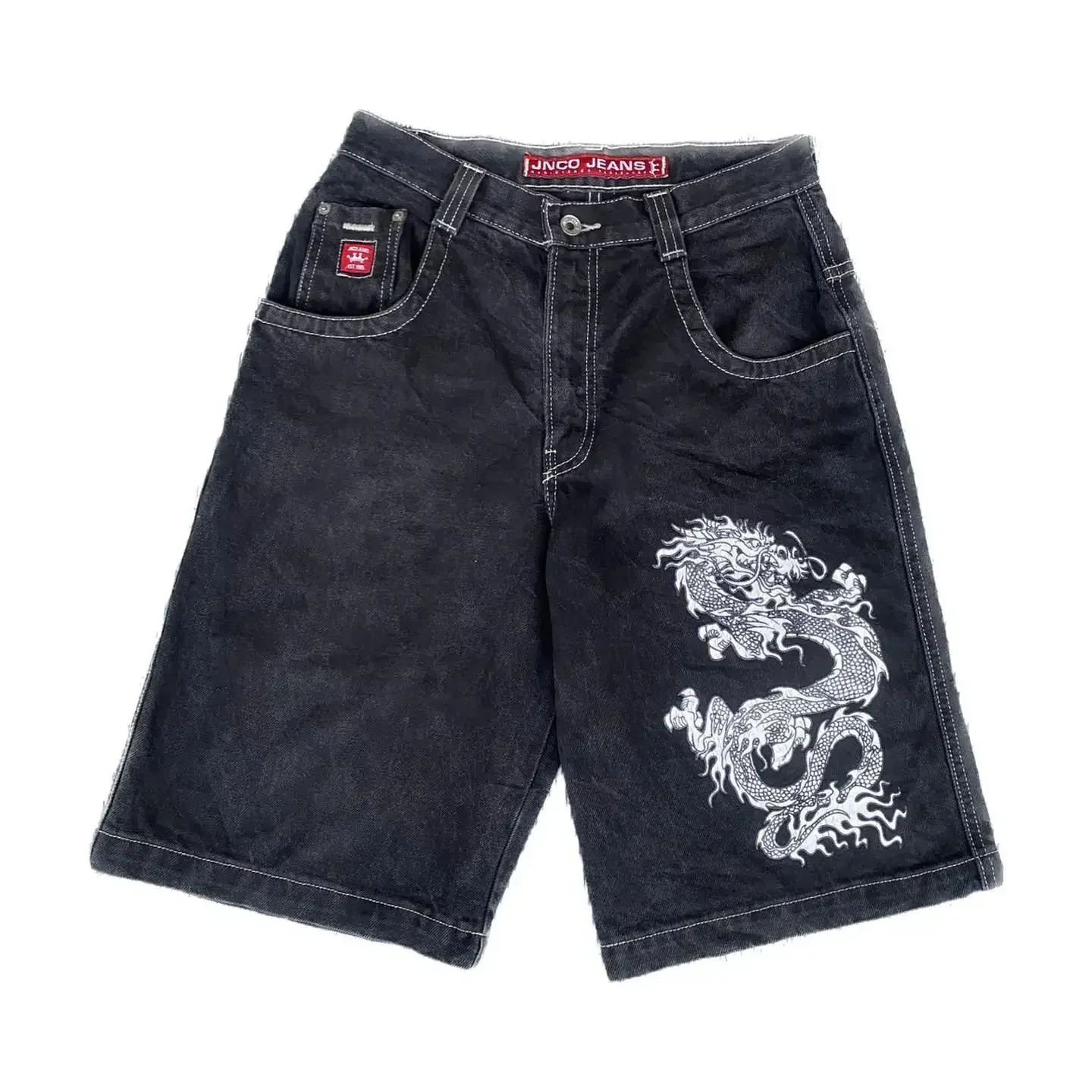 thumbnail image 1 of Pantalones cortos vaqueros holgados para hombre y mujer, ropa de calle con patrón de Hip Hop, Y2K, Harajuku, JNCO, Vintage, gótico, baloncesto, 1 of 3