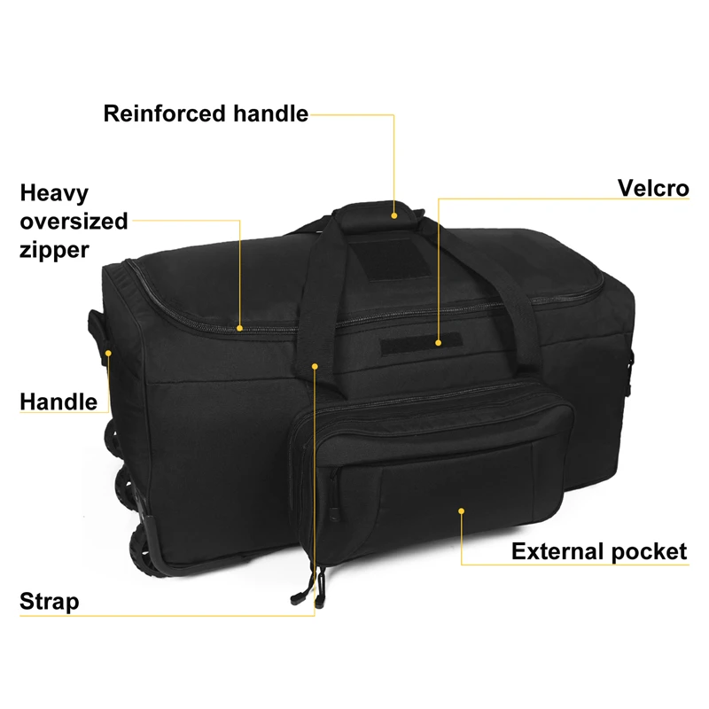 124L Large Capacity Tactical Duffel Bag Rolling Luggage For Heavy-Duty Camping Hiking Luggage Travel Suitcase pull bar suitcase