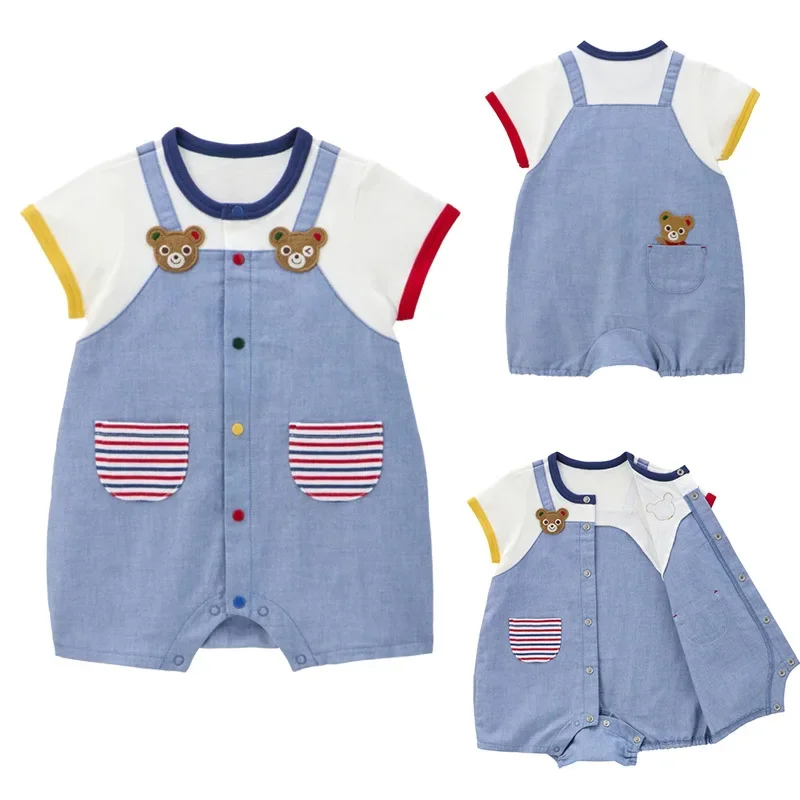 

Baby Ha Yi Summer New Children's Cartoon Bear Embroidery Strap Fake Two Short Sleeve Crawler Jumpsuit